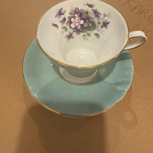 John Aynsley #2974 Bone China Tea Cup and Saucer – Light Blue with Violets - Picture 7 of 9